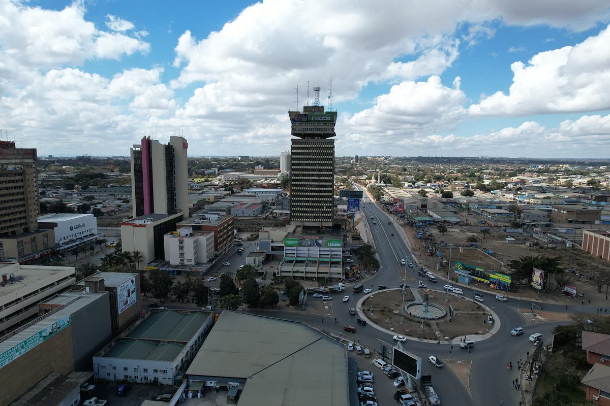 Lusaka's central business district from above, around the Kafue Roundabout, with office blocks and roads
