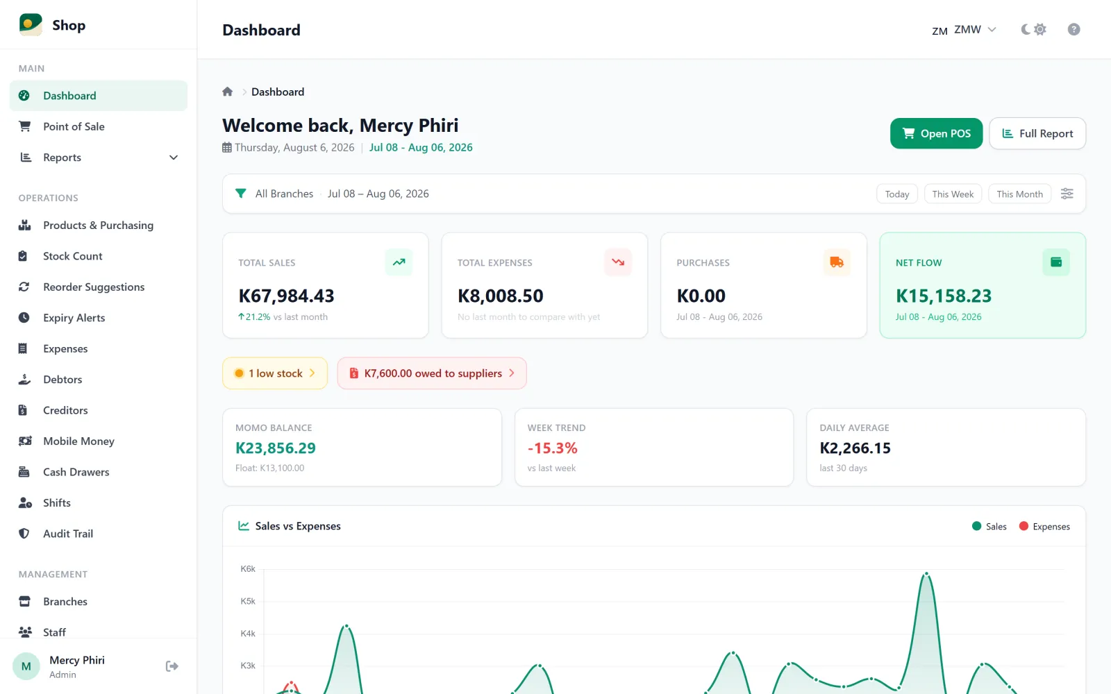 HORIZON Shop Tracker owner dashboard showing monthly sales, expenses, net flow and the sales-vs-expenses chart