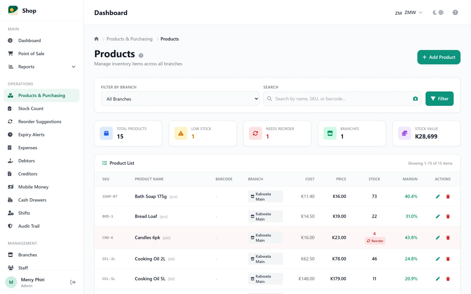 The Horizon products screen: each product with its cost, price and stock on hand, and a low-stock product marked for reorder