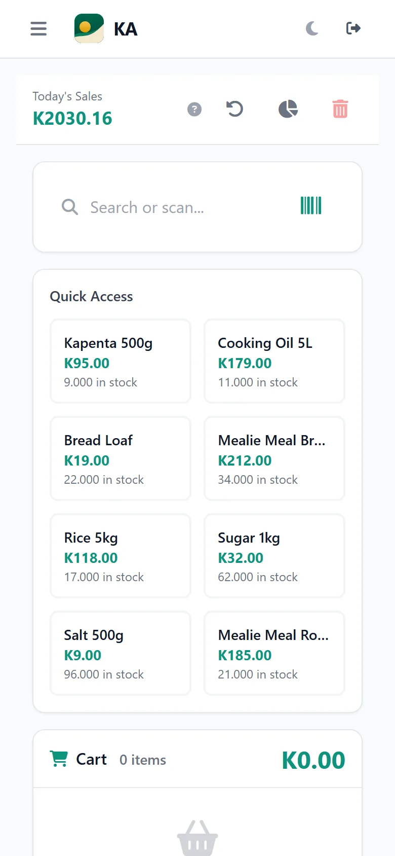 The Horizon till on a phone: today's sales at the top, quick-access products with their price and stock, and the cart