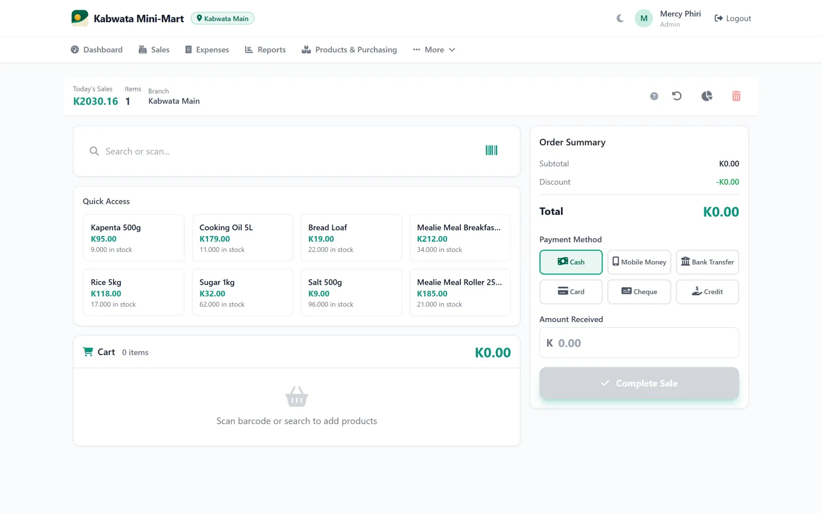 The Horizon till on a laptop: quick-access products, the cart, and a choice of payment method: cash, mobile money, bank transfer, card, cheque or credit